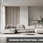 Multifunctional living room with modular sofa, storage ottoman, flexible seating, and open layout for work and relaxation