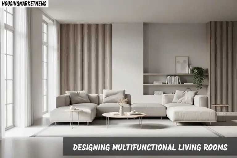 Multifunctional living room with modular sofa, storage ottoman, flexible seating, and open layout for work and relaxation