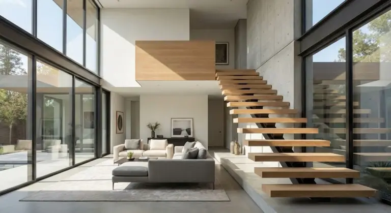 modern floating staircase in contemporary home interior