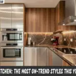 Modern kitchen showing stainless steel, wood contrast, and bold colors