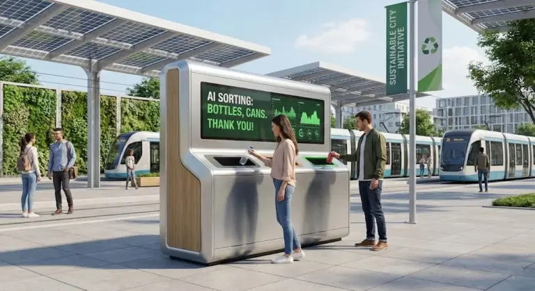 AI powered MataRecycler smart recycling bin helping people recycle waste in a modern city