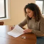 Tenant reviewing lease agreement with documents and keys on a table.