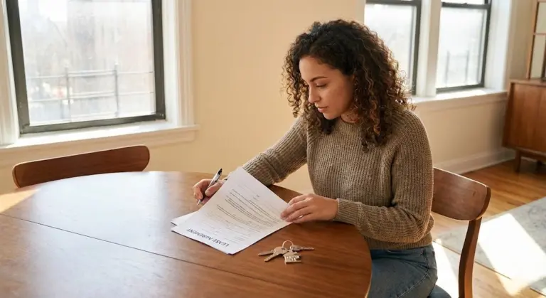 Tenant reviewing lease agreement with documents and keys on a table.