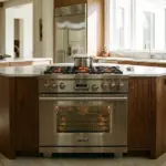 Modern kitchen with a top-rated gas range featuring multiple burners and convection oven.