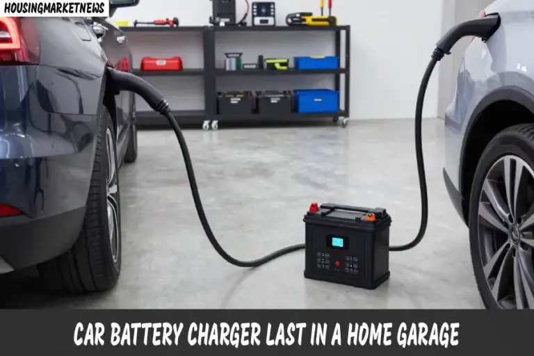 Car battery charger connected to a car battery in a home garage