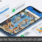 3D isometric illustration of a smartphone showing construction **time tracking** via GPS, with a geofence and blue breadcrumb route, surrounded by floating timesheet and labor cost charts.