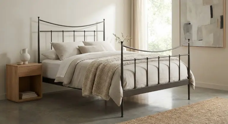 Jernsenger Classic iron bed frame in a modern bedroom interior with neutral tones