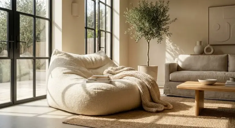 Koshio bean bag chair in modern living room with soft fabric and plush design