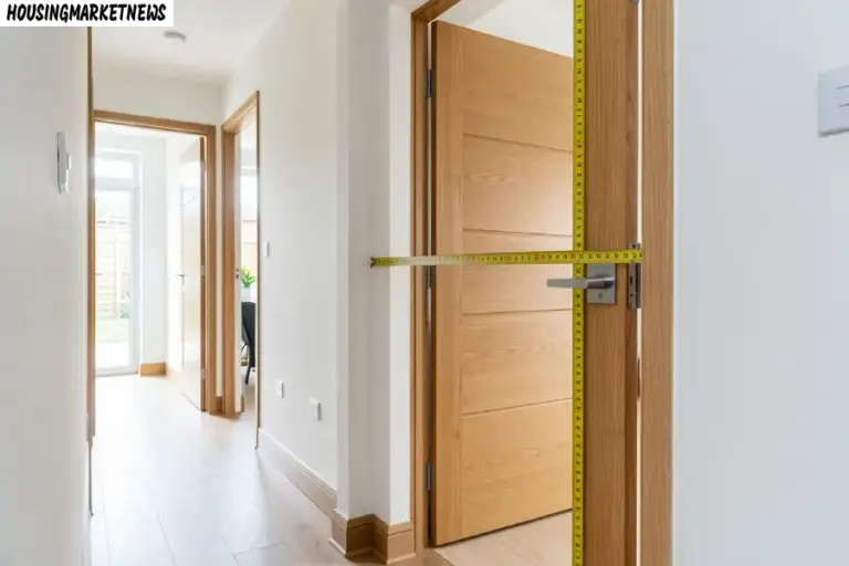 Door Size measurement with tape across wooden interior door frame