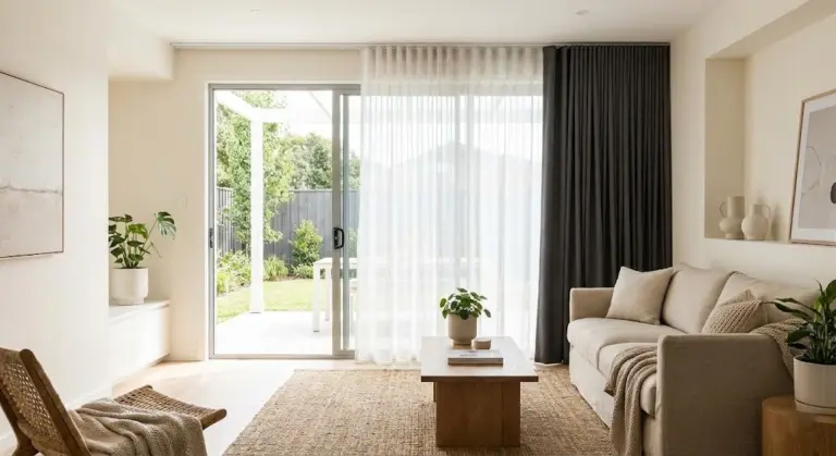 Modern living room with patio door curtains and natural light filtering through glass doors