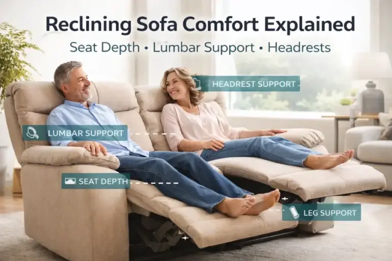 Reclining Sofa Comfort Explained: Seat Depth, Lumbar Support & Headrests Reclining sofa displayed with emphasis on its comfort and ergonomic design for ultimate relaxation.
