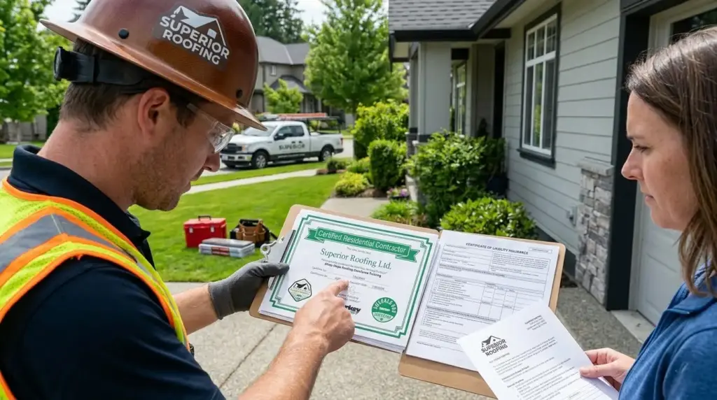 Questions to Ask Before Hiring a Roofing Contractor - Your Source for the Latest Housing Trends | Housing Market News| Roofing contractor showing license and insurance documents to a homeowner