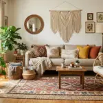 bohemian style decor living room with layered rugs plants and rattan furniture