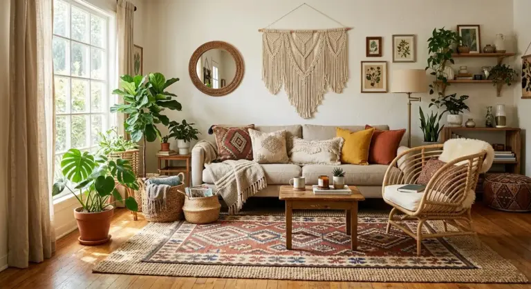 bohemian style decor living room with layered rugs plants and rattan furniture
