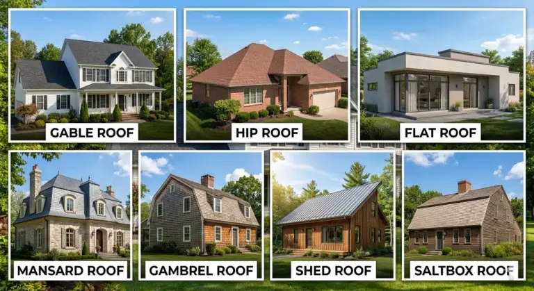 Collage of common roofing styles for homes including gable, hip, flat, mansard, gambrel, shed, and saltbox.