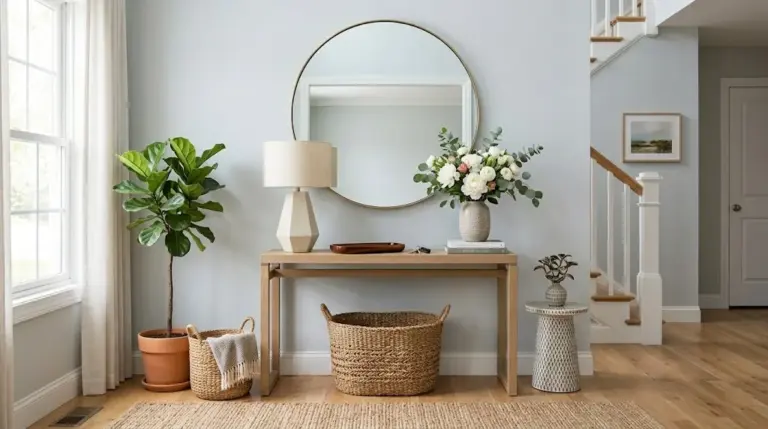 Stylish furniture table console in a modern entryway with mirror, lamp, flowers, and decorative storage