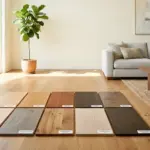Hardwood floor colors samples on wooden floor.