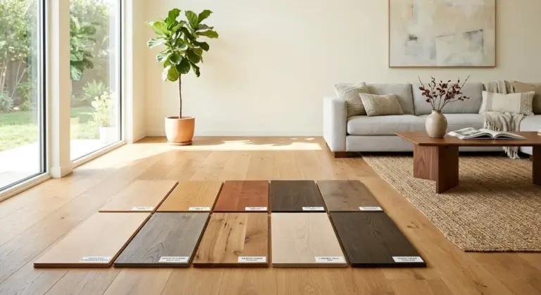 Hardwood floor colors samples on wooden floor.