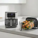Non toxic air fryer cooking healthy food in modern kitchen.