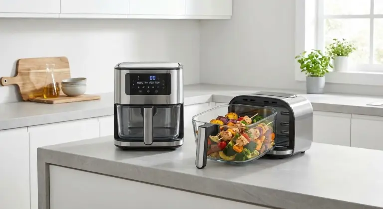 Non toxic air fryer cooking healthy food in modern kitchen.