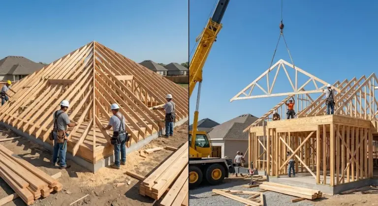 Rafters vs trusses side-by-side roof framing comparison during home construction