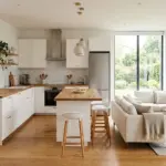 Small house open concept kitchen and living room with kitchen island and cozy modern layout