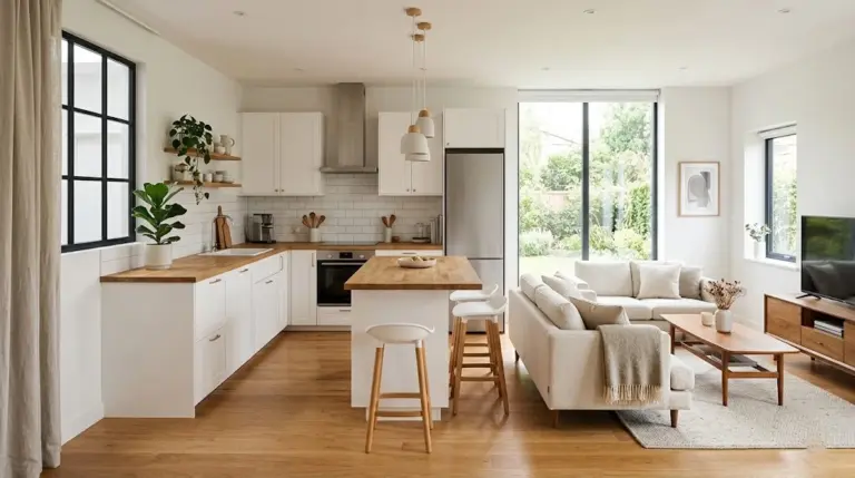 Small house open concept kitchen and living room with kitchen island and cozy modern layout