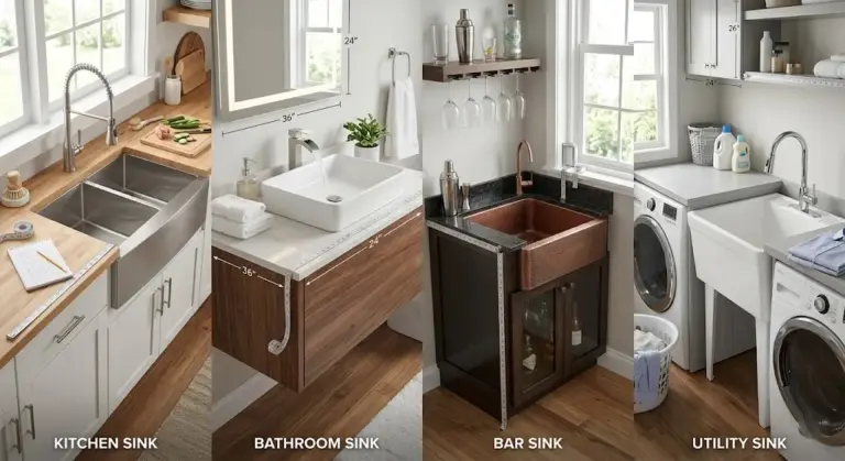 Different standard sink sizes for kitchen, bathroom, bar, and utility spaces in a modern home