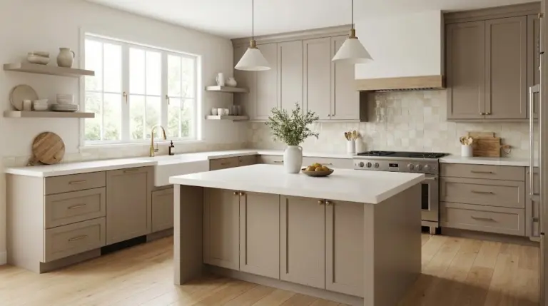 Modern kitchen with taupe cabinets and white quartz countertops.