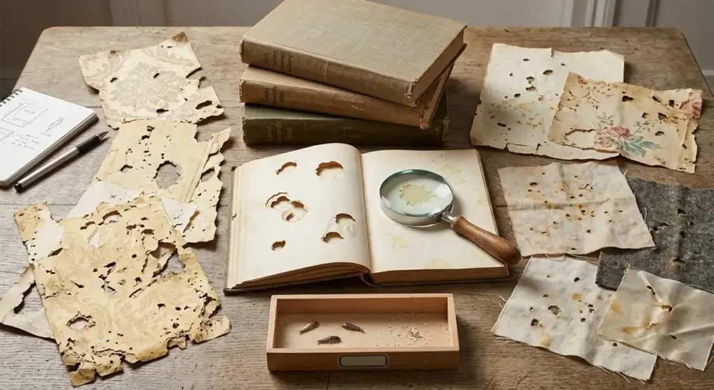 Books, wallpaper, and fabric damaged by a silverfish infestation
