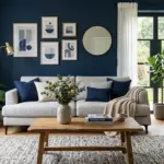 Blue and grey sitting room with modern sofa, navy accent wall and warm decor