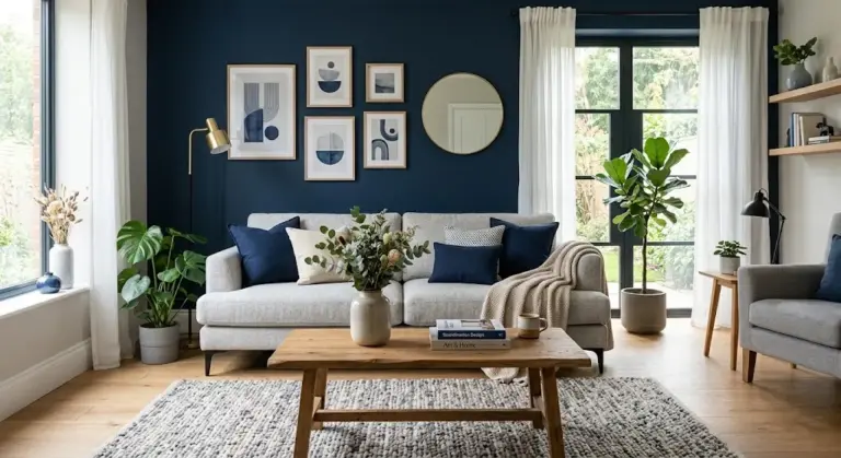Blue and grey sitting room with modern sofa, navy accent wall and warm decor