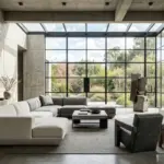Brutalist interior design living room with concrete walls and geometric furniture