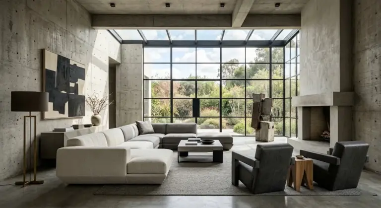 Brutalist interior design living room with concrete walls and geometric furniture