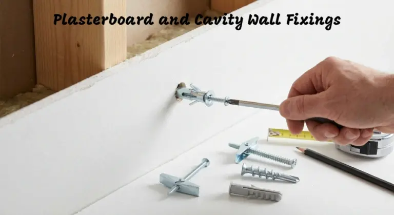 Installing a molly bolt into plasterboard with various cavity wall fixings and tools displayed.