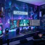 Gaming Room Wallpaper featuring a neon cyberpunk city mural and pro PC setup