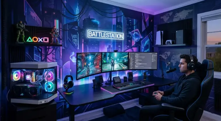 Gaming Room Wallpaper featuring a neon cyberpunk city mural and pro PC setup