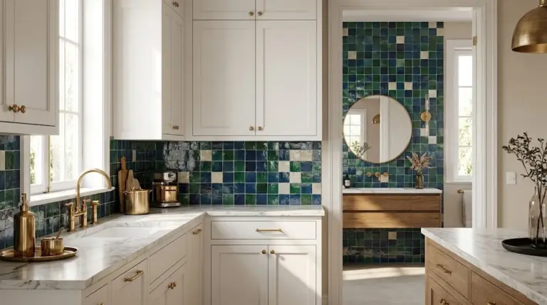 Moroccan Zellige tiles in a modern kitchen backsplash with handcrafted glossy texture