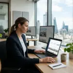 Person working on real estate branding and property listings on a laptop in a modern office.