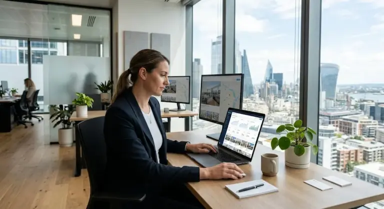Person working on real estate branding and property listings on a laptop in a modern office.