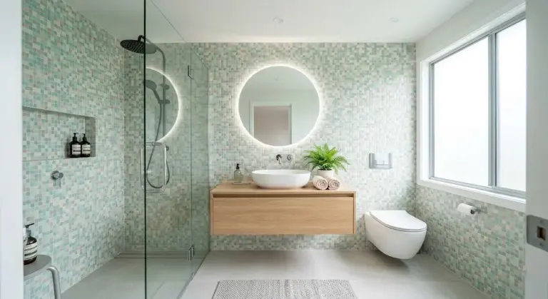 Small bathroom with stylish mosaic tiles creating a bright and spacious look