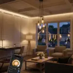 CGI rendering of a contemporary living room illustrating layered lighting concepts.