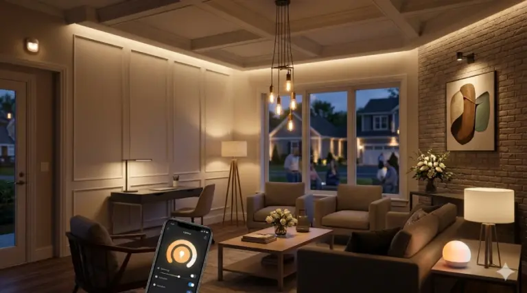 CGI rendering of a contemporary living room illustrating layered lighting concepts.