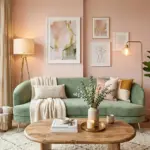Pink green living room paint makeover with blush pink walls and sage green sofa