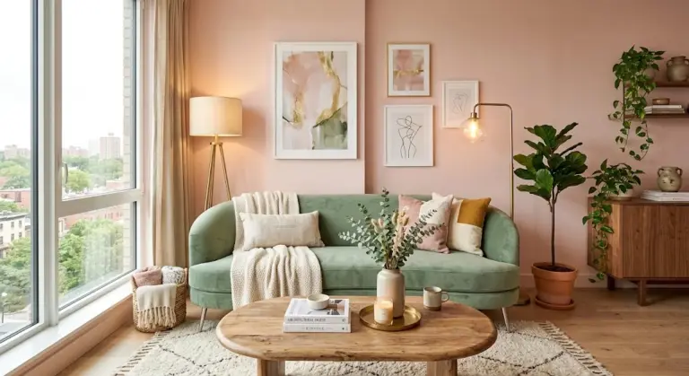 Pink green living room paint makeover with blush pink walls and sage green sofa