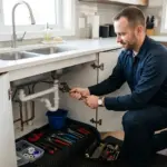 Reliable Plumbing Services technician repairing a kitchen sink in a modern home