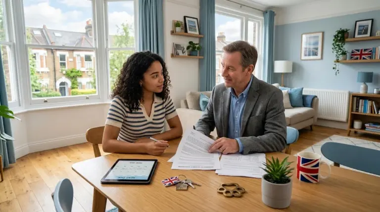 Tenant and landlord reviewing rental documents in a modern apartment to explain the UK Renters Rights Act 2026 changes for renters and landlords.
