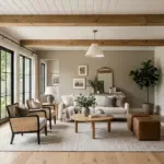 White shiplap ceilings with wooden beams in modern living room