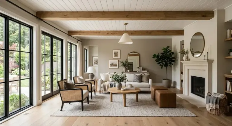 White shiplap ceilings with wooden beams in modern living room