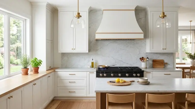 Close-up of a stove hood cover installed above a kitchen range